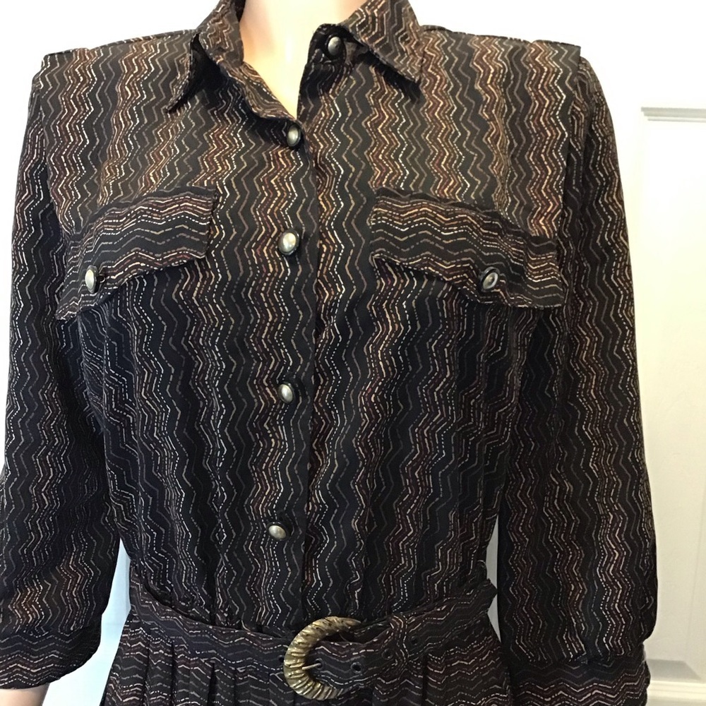 Vintage Breli Originals Brown Belted Pleated Secretary Shirt Dress Size 8 - Picture 2 of 8